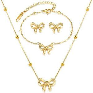 Gold Bow Necklace Earrings Bracelet Set Women Ribbon Jewelry Christmas Gifts
